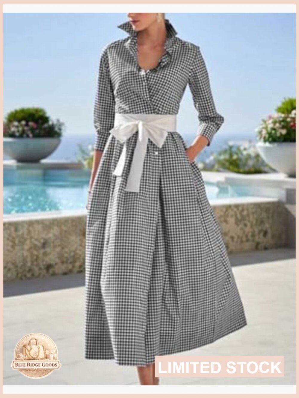 Retro Plaid Button Up Maxi Shirt Dress 3/4 Sleeve Gingham Pocketed with Belt - Picture 3 of 3